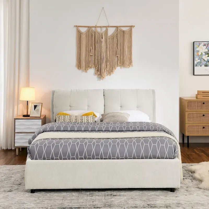 Queen Size Upholstered Hydraulic Platform Bed with Integrated Headboard