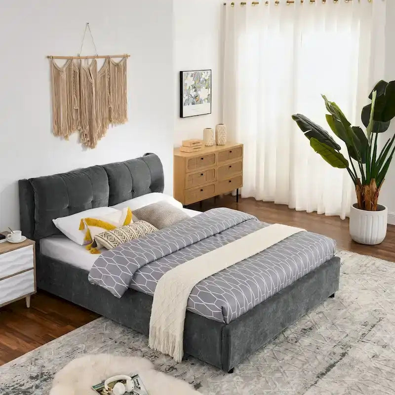 Queen Size Upholstered Hydraulic Platform Bed with Integrated Headboard