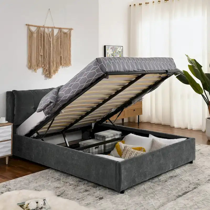 Queen Size Upholstered Hydraulic Platform Bed with Integrated Headboard