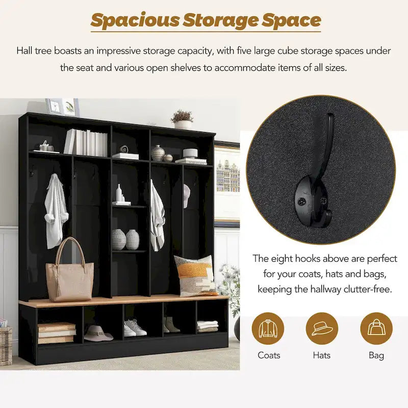 Wide Design Hall Tree with Storage Bench,Multifunctional Coat Rack with 8 Hooks for Entryways, Mudroom