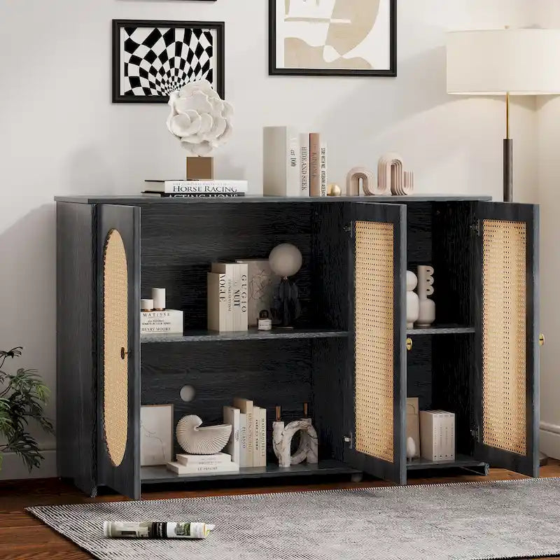Rattan Doors and Metal Handles Sideboard with Large Storage Space