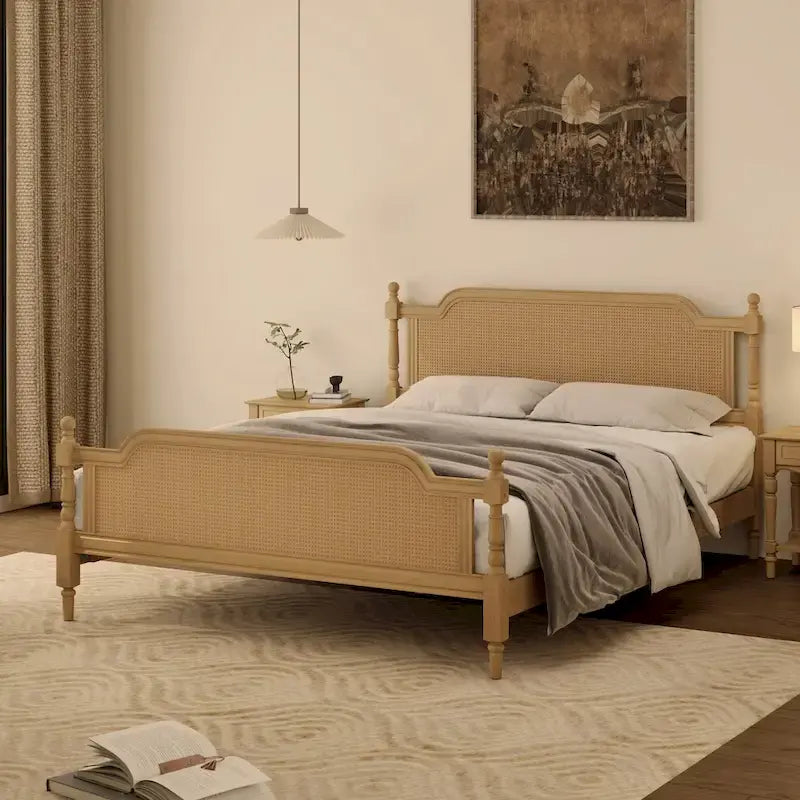 Traditional Style Rattan Platform Bed Frame No Box Spring Needed