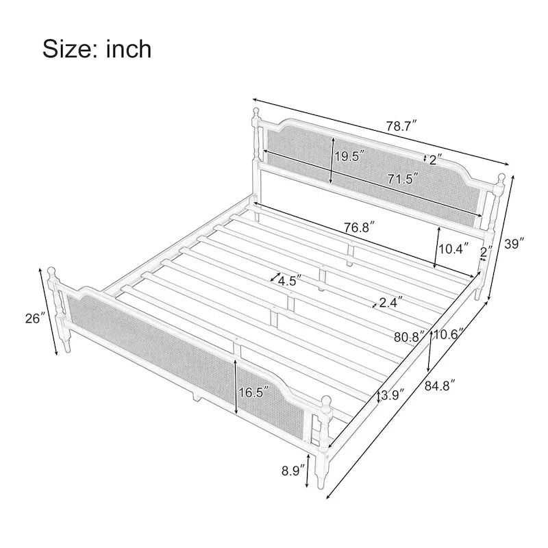 Traditional Style Rattan Platform Bed Frame No Box Spring Needed