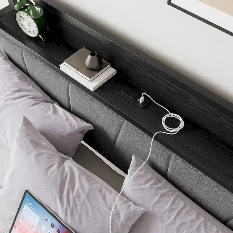Queen Size Platform Bed Frame with Storage Headboard Charging Station and USB Ports Easy Assembly