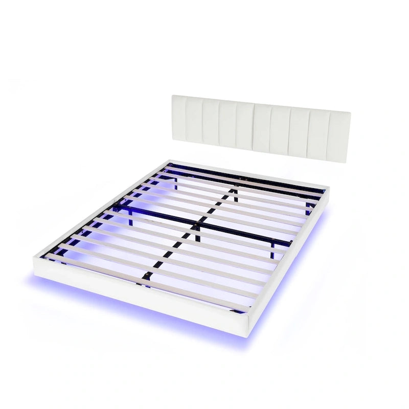 Floating Bed Frame With Led Lights And Wall Mounted Headboard