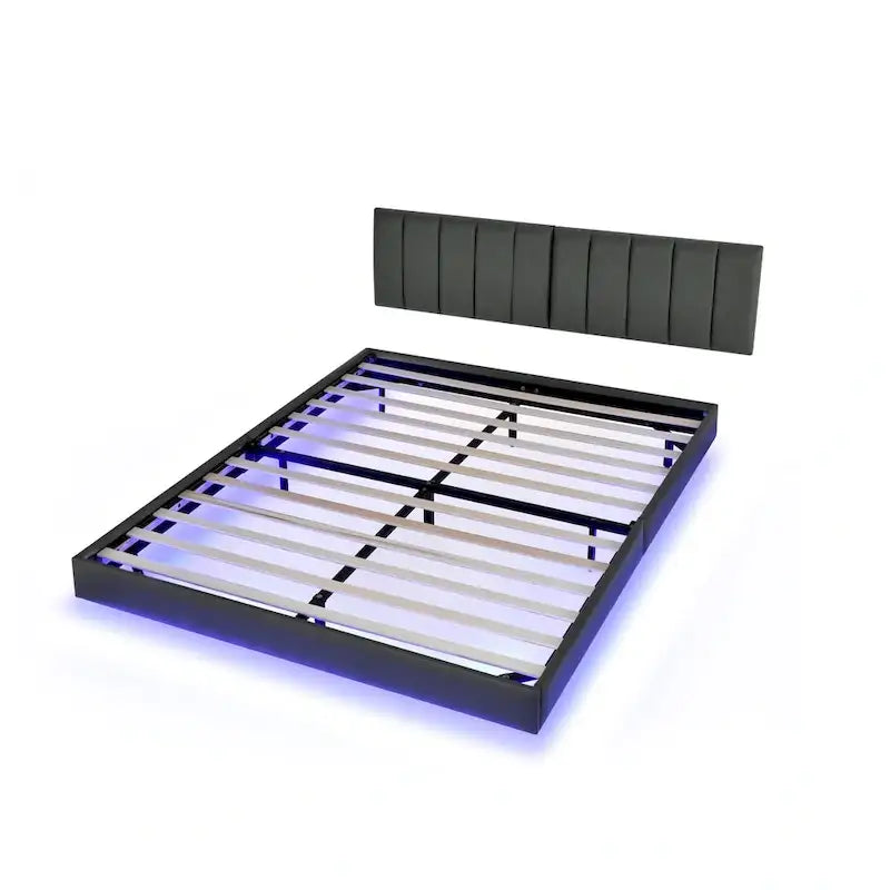Floating Bed Frame With Led Lights And Wall Mounted Headboard