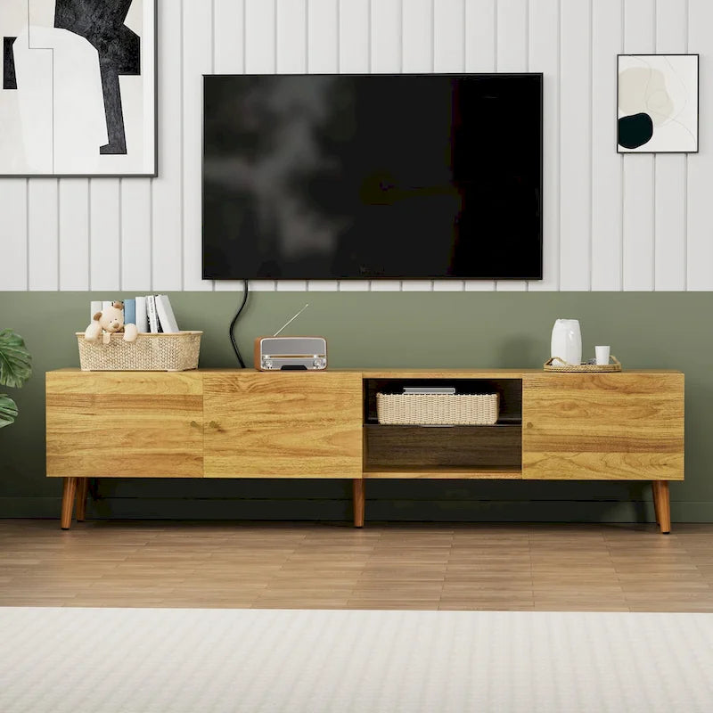 70 Inch Mid Century Modern TV Stand, TV Stand with Storage, Entertainment Center for Living Room Bedroom, TV Media Console