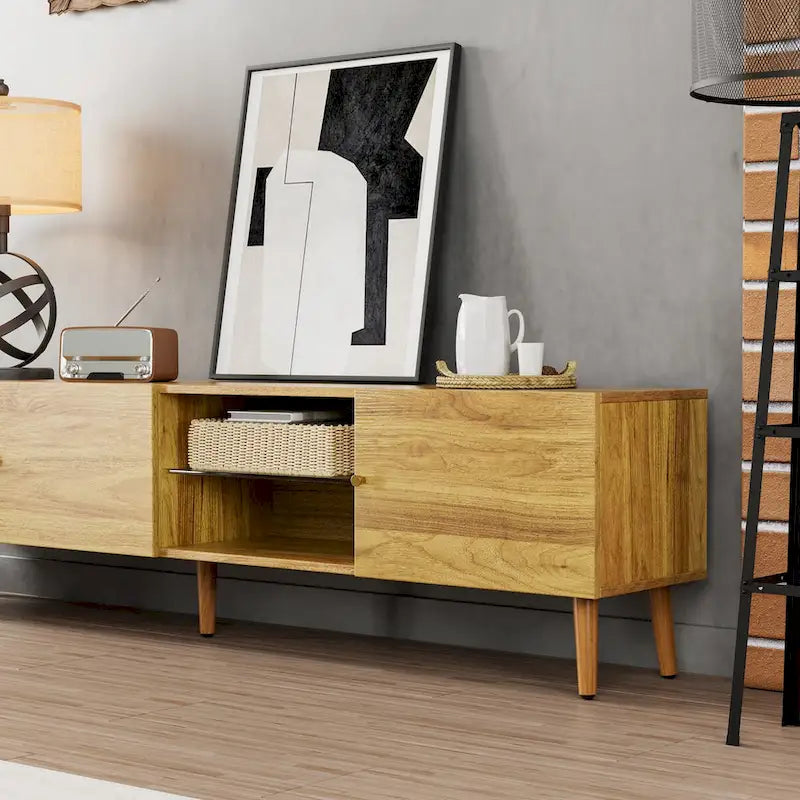 70 Inch Mid Century Modern TV Stand, TV Stand with Storage, Entertainment Center for Living Room Bedroom, TV Media Console