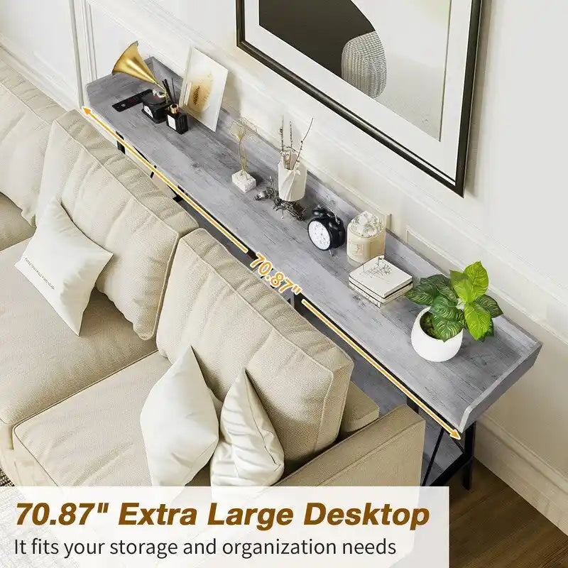 70.9 inch Console Table with 2 Power Outlets and USB Ports, Rustic Industrial Sofa Table for Living Room