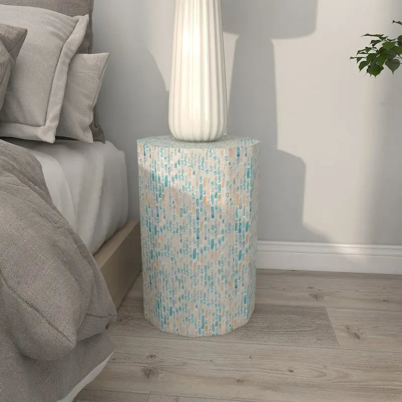 Mother of Pearl Shell Handmade Mosaic Inlay Drum Side End Accent Table - Blue - Roche River Decor