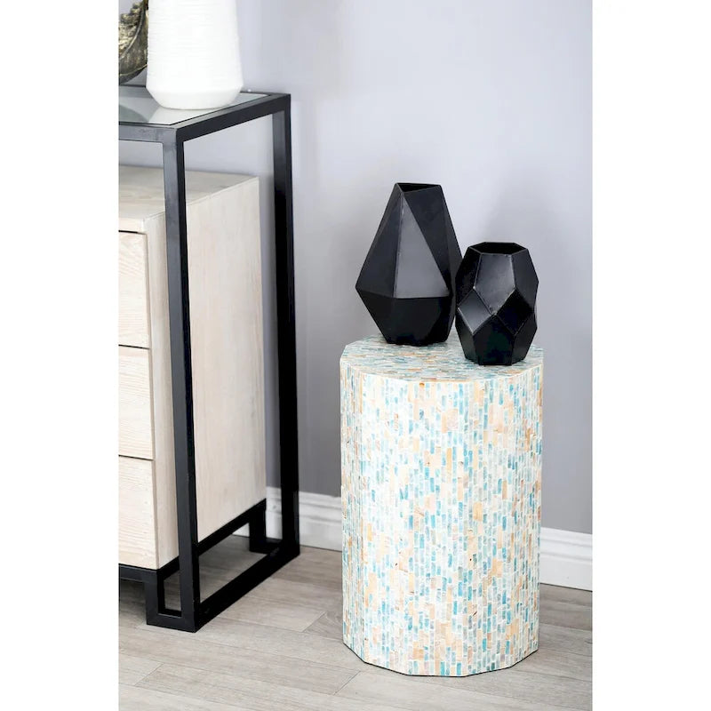 Mother of Pearl Shell Handmade Mosaic Inlay Drum Side End Accent Table - Blue - Roche River Decor