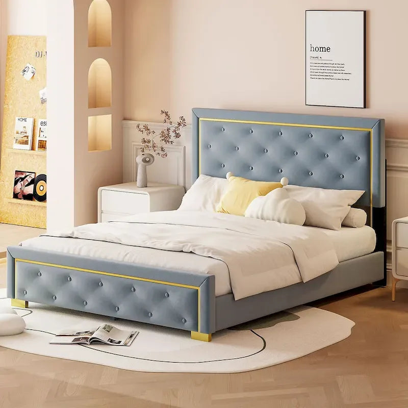 Queen Size Upholstered Platform Bed With Pull Point Headboard