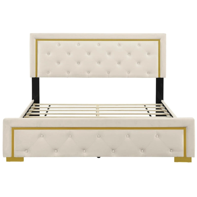 Queen Size Upholstered Platform Bed With Pull Point Headboard