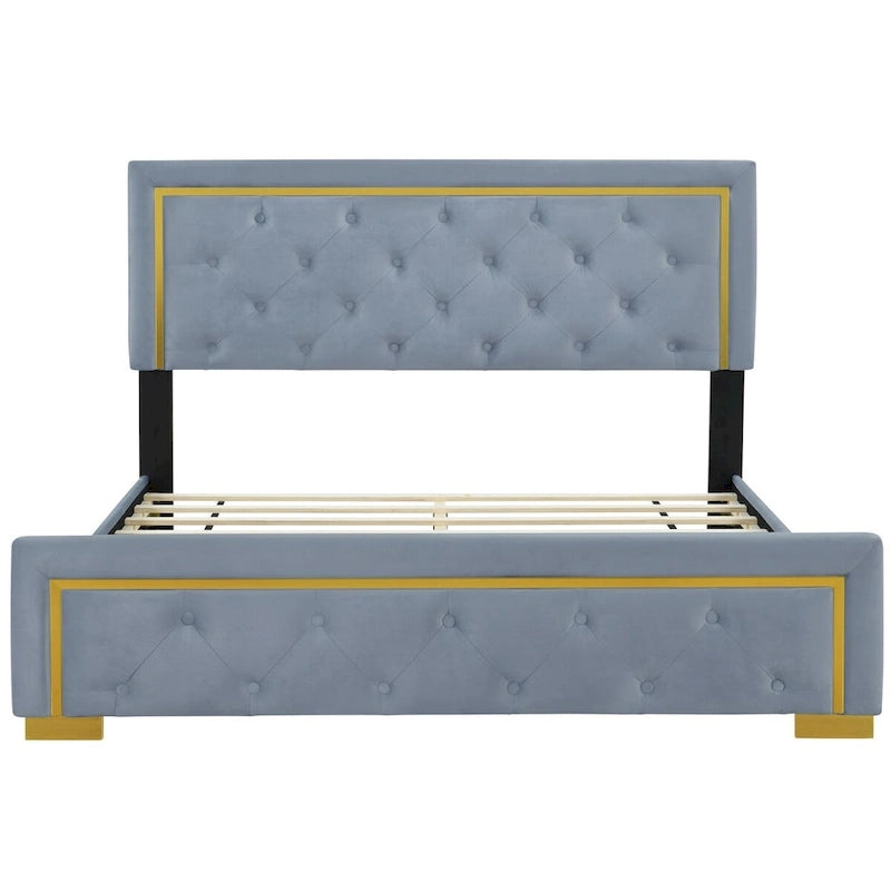 Queen Size Upholstered Platform Bed With Pull Point Headboard