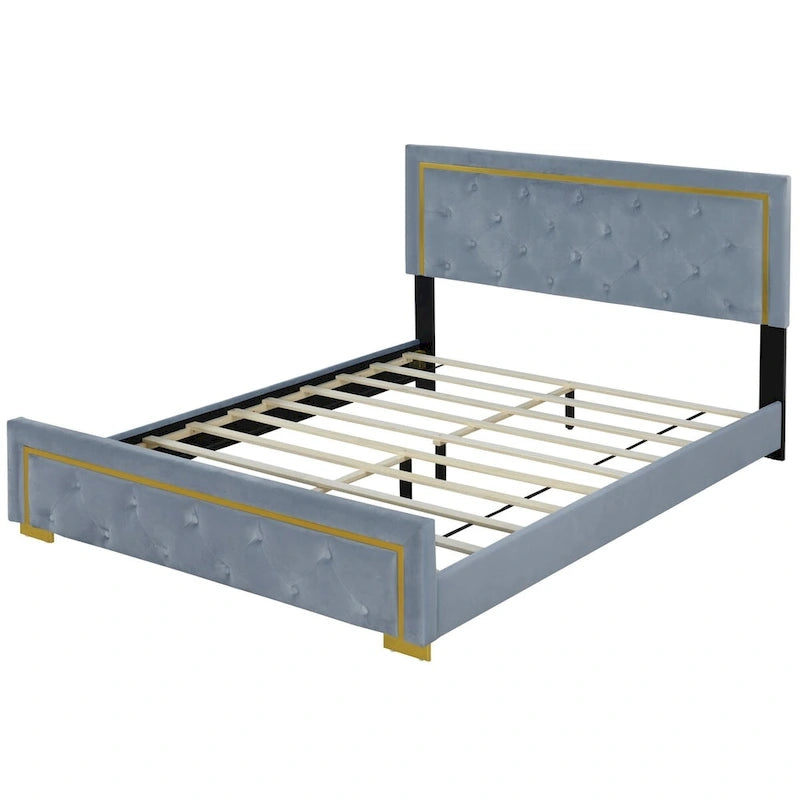 Queen Size Upholstered Platform Bed With Pull Point Headboard