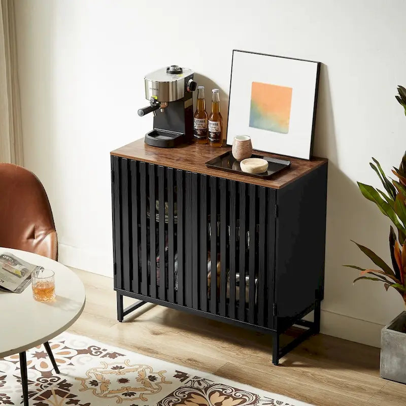 Vintage Slatted Striped Storage Cabinet with Adjustable Shelf