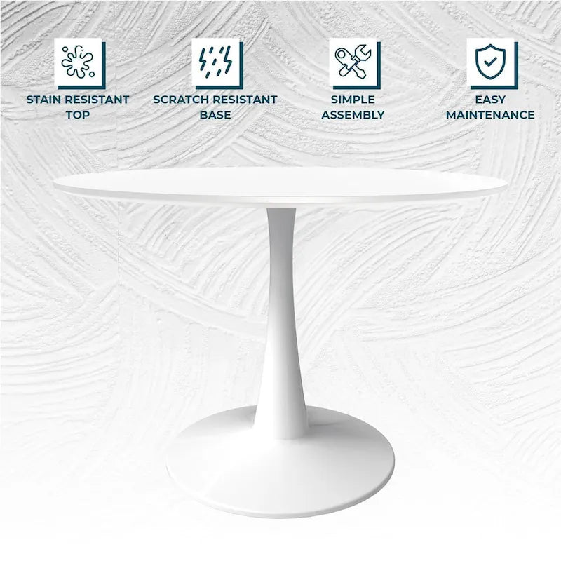 LeisureMod Bristol 40 Round Dining Table for 4 with MDF Wood Tabletop in White Steel Base for Kitchen & Dining Room