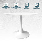 LeisureMod Bristol 40 Round Dining Table for 4 with MDF Wood Tabletop in White Steel Base for Kitchen & Dining Room
