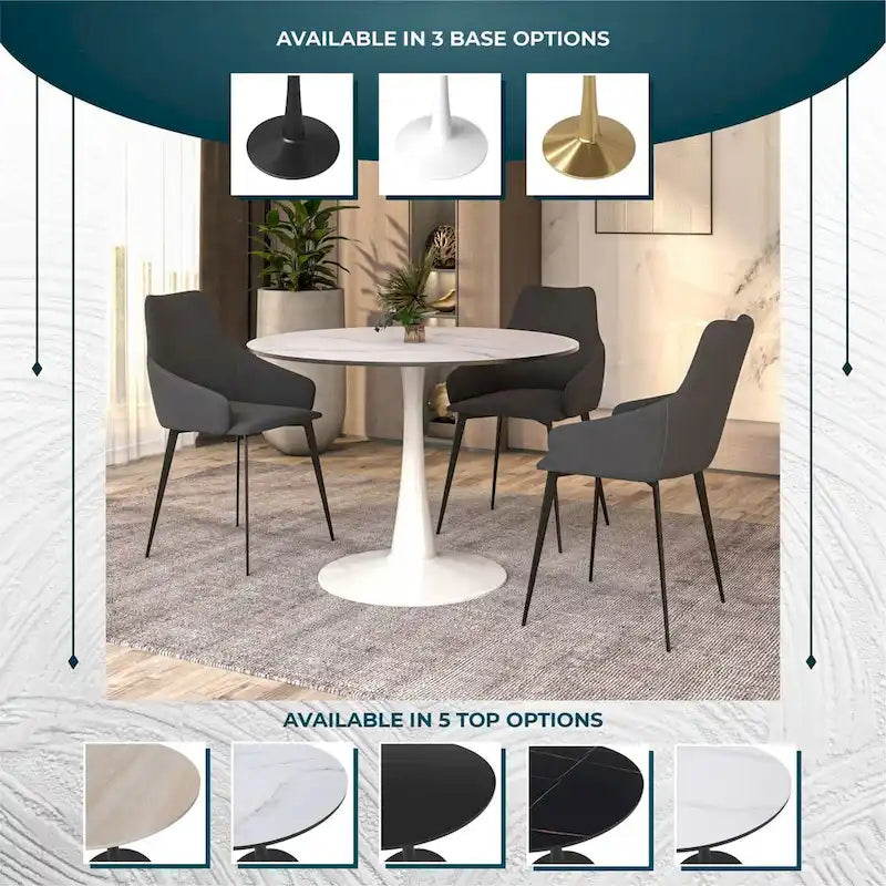 LeisureMod Bristol 40 Round Dining Table for 4 with MDF Wood Tabletop in White Steel Base for Kitchen & Dining Room