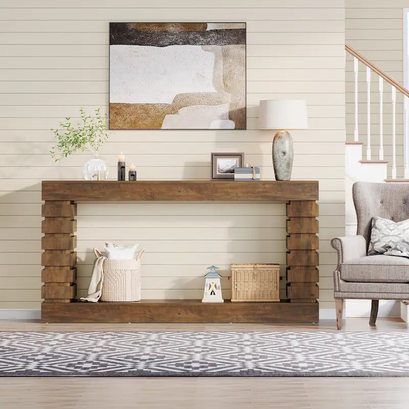 Vintage Long Console Table, Wood Entryway Table with Storage for Living Room