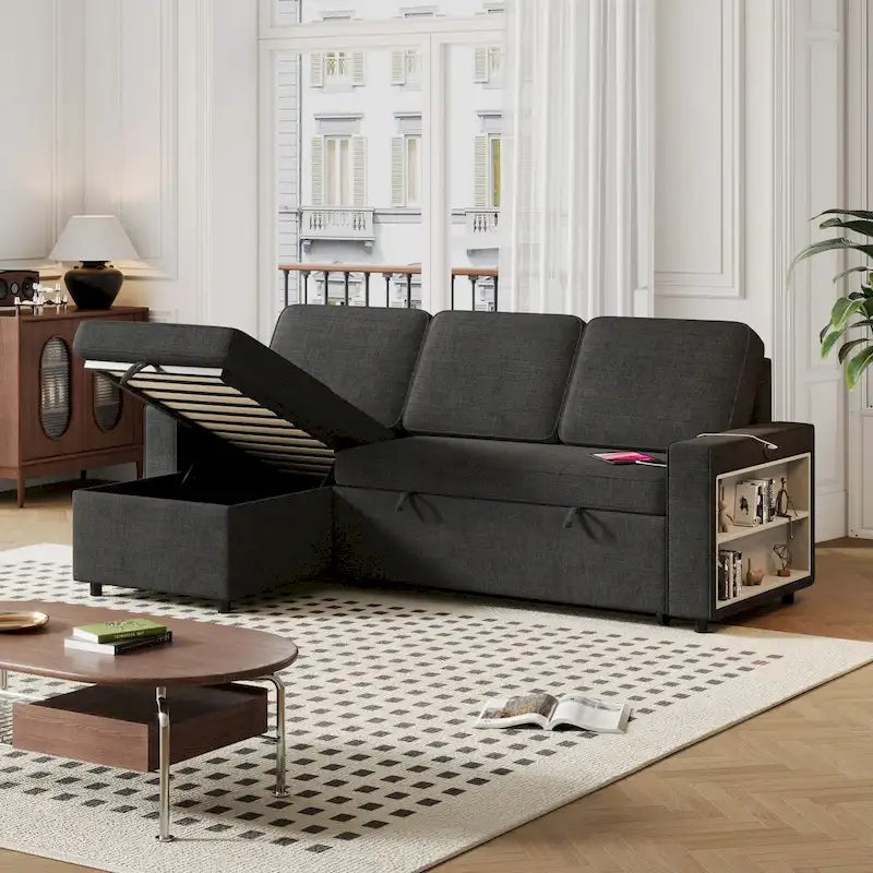 Oaks Aura 85.8 Inch Pull Out Sleeper Sofa, L-shaped Couch With USB Port, Convertible Sofa Bed With Storage Racks