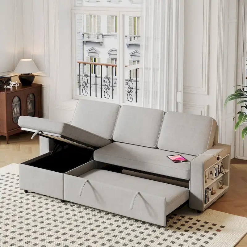 Oaks Aura 85.8 Inch Pull Out Sleeper Sofa, L-shaped Couch With USB Port, Convertible Sofa Bed With Storage Racks