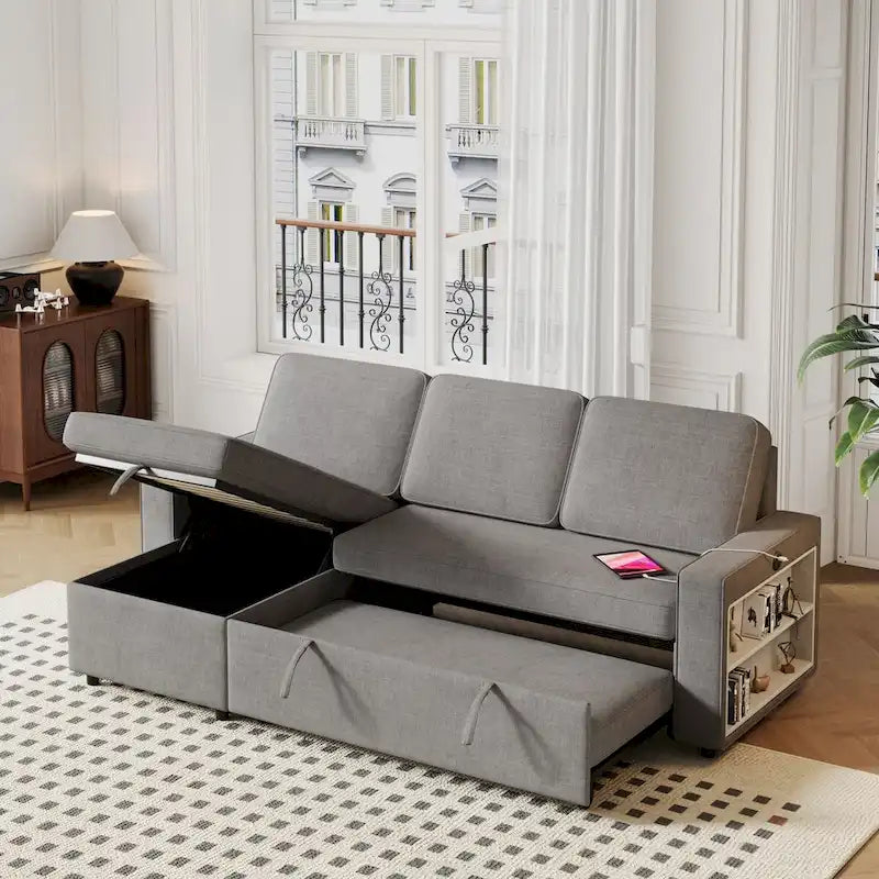 Oaks Aura 85.8 Inch Pull Out Sleeper Sofa, L-shaped Couch With USB Port, Convertible Sofa Bed With Storage Racks