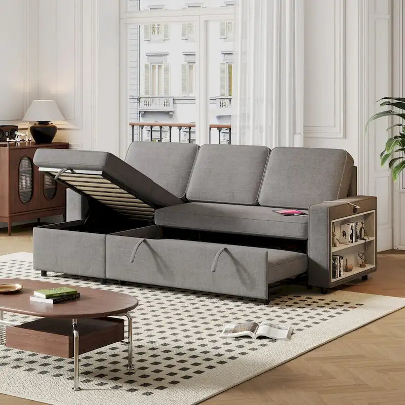 Oaks Aura 85.8 Inch Pull Out Sleeper Sofa, L-shaped Couch With USB Port, Convertible Sofa Bed With Storage Racks